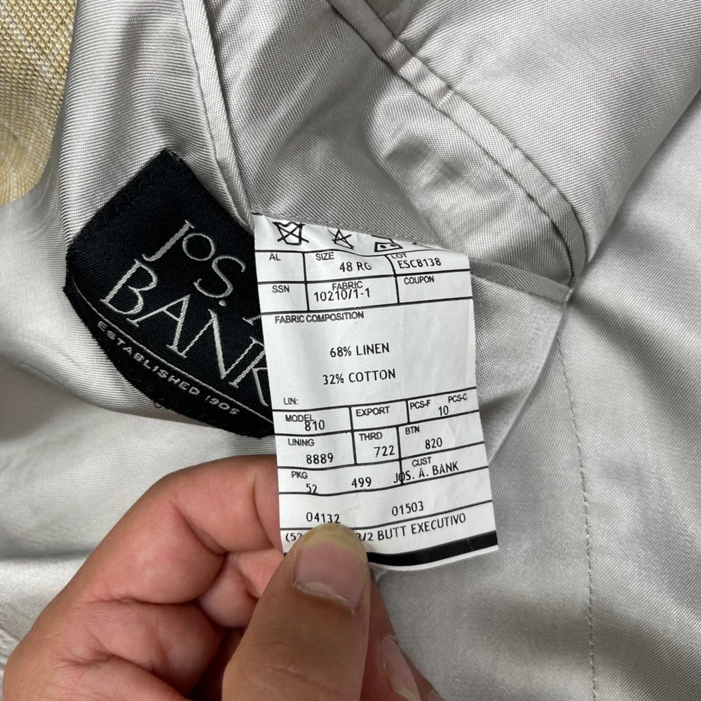 Jos A Bank Tan Windowpane Linen Cotton Blazer Sport Coat Mens 48R 2 Button Tan